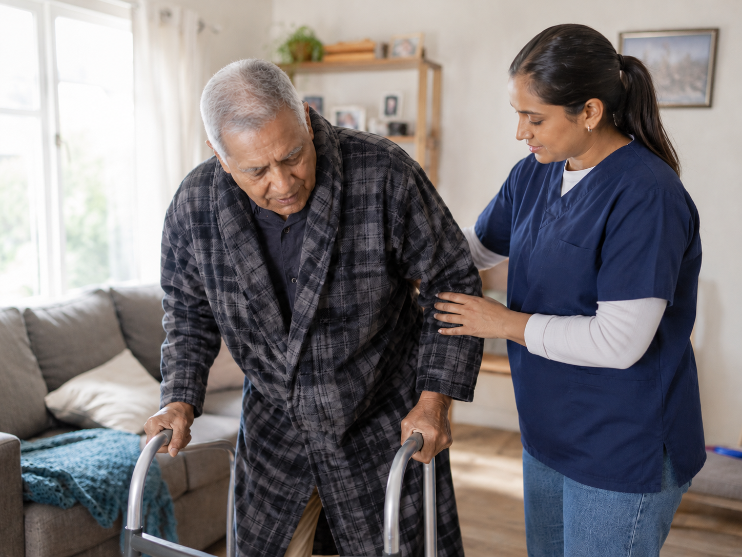 A care worker supporting an older adult with safe movement and personal care at home